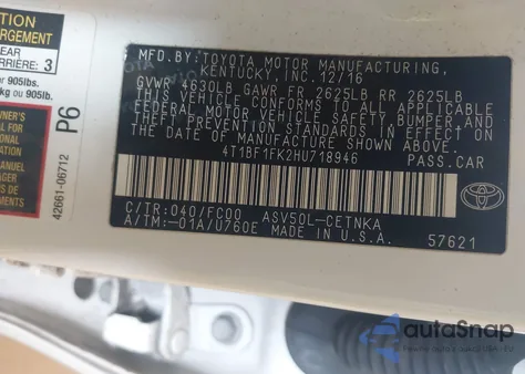 2017 Toyota Camry Le из США, поврежденный, VIN 4T1BF1FK2HU718946